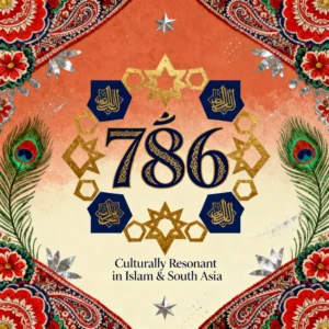 Illustration of the cultural significance of the number 786 with Islamic and South Asian motifs