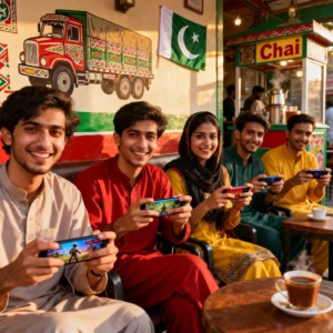 Image of Pakistani users playing mobile games representing target audience