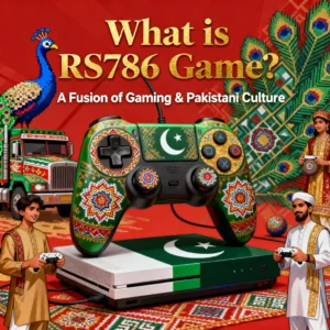 Illustration of RS786 Game with gaming elements and Pakistani cultural motifs