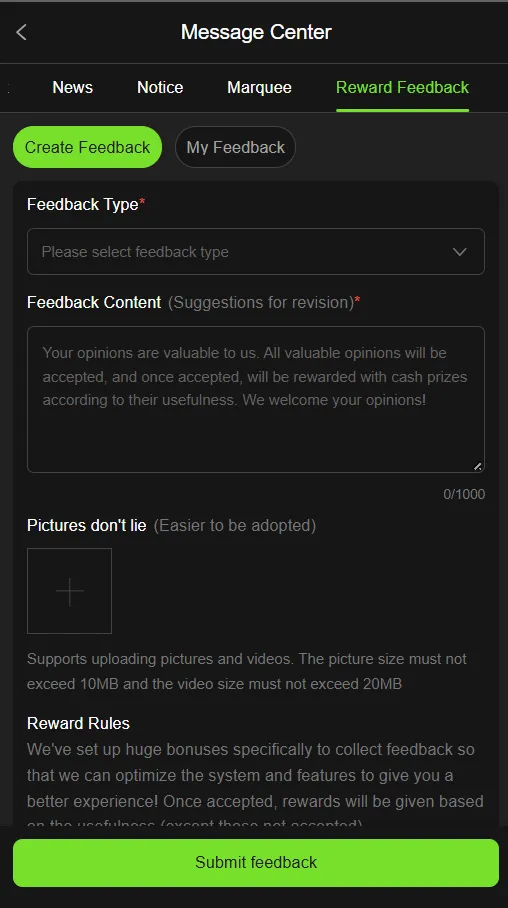 In-app Reward Feedback system image to take feedback from the user